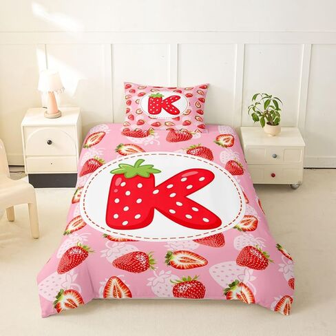 Erosebridal Custom Strawberry Duvet Cover Personalized Initial K Toddler Bedding Set,Princess Pink Kawaii Bed Cover (No Comforter) in Kuwait