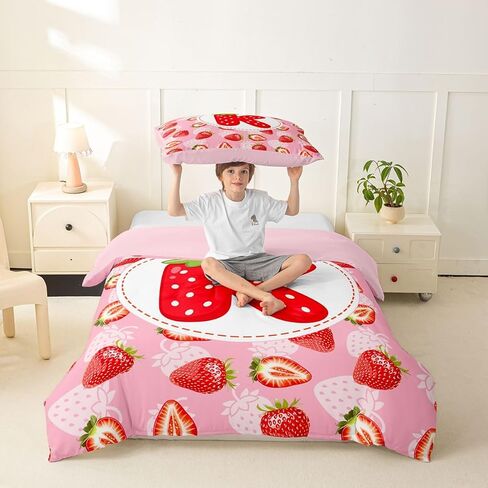 Erosebridal Custom Strawberry Duvet Cover Personalized Initial K Toddler Bedding Set,Princess Pink Kawaii Bed Cover (No Comforter) in Kuwait