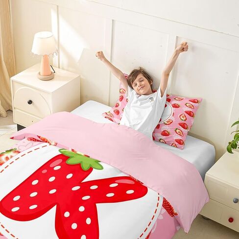 Erosebridal Custom Strawberry Duvet Cover Personalized Initial K Toddler Bedding Set,Princess Pink Kawaii Bed Cover (No Comforter) in Kuwait