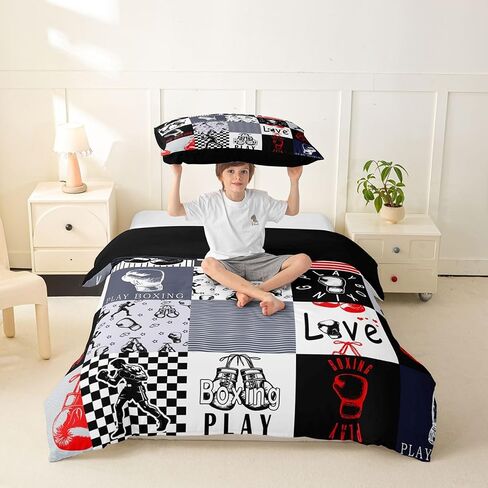 Boxing Duvet Cover Set Black and Grey Patchwork Sports Girl Toddler Bedding Set for Toddler Boys European Sport Player Ball Game Comforter Cover Boys Athletic Decor Competitive Games Bed Sets in Kuwait