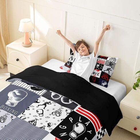 Boxing Duvet Cover Set Black and Grey Patchwork Sports Girl Toddler Bedding Set for Toddler Boys European Sport Player Ball Game Comforter Cover Boys Athletic Decor Competitive Games Bed Sets in Kuwait