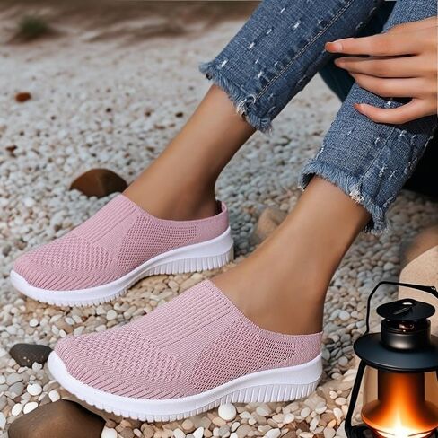 Women’s Breathable Knit Slip-On Walking Shoes Backless Sneakers Mule Tennis Shoes for Women Breathable Lightweight Non Slip Closed-Toe Slide Slippers in Kuwait