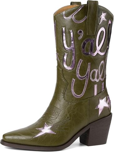 Cowboy Boots for Women Mid Calf Cowgirl Boots Pull On | Pointed Toe, Embroidery, Chunky Block Heel, Comfortable Western Boot for Concert Festival and Daily Wear, Fits True To Size in Saudi Arabia