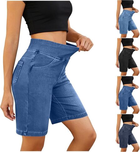 Nantdog Womens Bermuda Jean Shorts High Waisted Tummy Control Stretchy Pull On Denim Pants Knee Length Jorts with Pockets in Kuwait