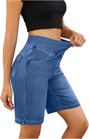 Nantdog Womens Bermuda Jean Shorts High Waisted Tummy Control Stretchy Pull On Denim Pants Knee Length Jorts with Pockets in Kuwait