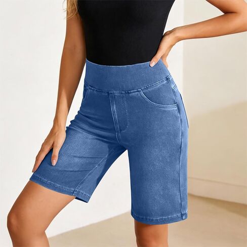 Nantdog Womens Bermuda Jean Shorts High Waisted Tummy Control Stretchy Pull On Denim Pants Knee Length Jorts with Pockets in Kuwait