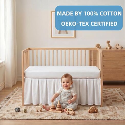 Baby Crib Skirt 100% Cotton Pleated Dust Ruffle for Unisex Baby Boys or Girls Soft Breathable Nursery Crib Toddler Standard Bedding Skirt 28" x 52" with 14" Drop (White) in Kuwait