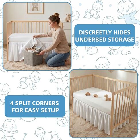 Baby Crib Skirt 100% Cotton Pleated Dust Ruffle for Unisex Baby Boys or Girls Soft Breathable Nursery Crib Toddler Standard Bedding Skirt 28" x 52" with 14" Drop (White) in Kuwait