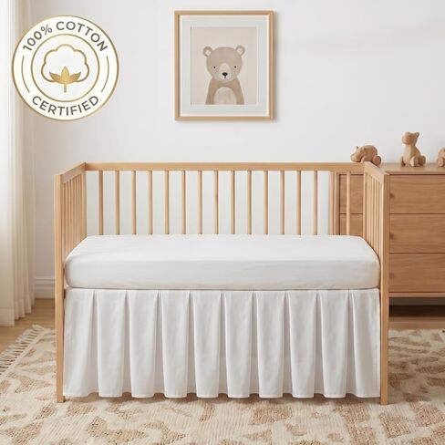 Baby Crib Skirt 100% Cotton Pleated Dust Ruffle for Unisex Baby Boys or Girls Soft Breathable Nursery Crib Toddler Standard Bedding Skirt 28" x 52" with 14" Drop (White) in Kuwait