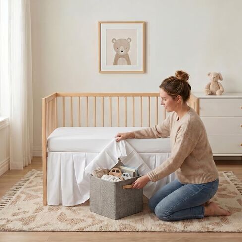 Baby Crib Skirt 100% Cotton Pleated Dust Ruffle for Unisex Baby Boys or Girls Soft Breathable Nursery Crib Toddler Standard Bedding Skirt 28" x 52" with 14" Drop (White) in Kuwait