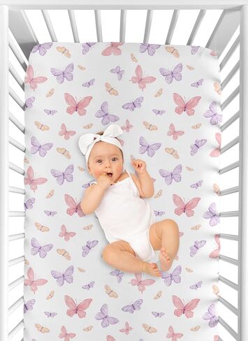 Sweet Jojo Designs Fitted Baby Crib Sheets (Pink and Purple Shabby Chic Butterfly) for Girls, Infant Nursery, Toddler Room - Standard Size (Colorful, Pastel, Lilac, Watercolor, Butterflies Pattern) in Kuwait