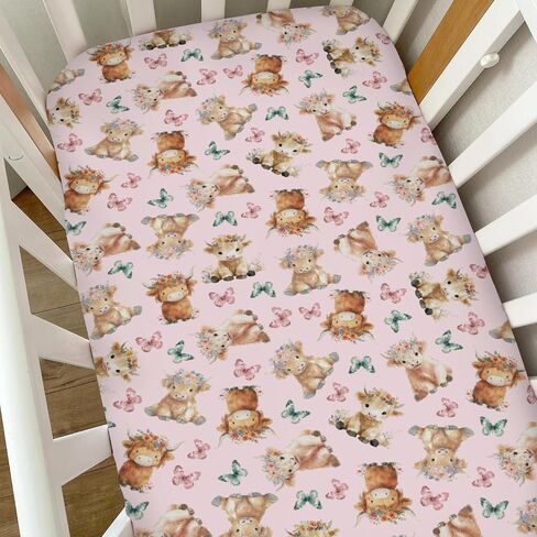 Baby Highland Cow Floral Crib Sheets for Boy Girl Boho Cows Flowers Butterflies Soft Snug Fitted Crib Mattress Covers for 52''x28'' Standard Crib & Toddler Mattress Western Farm Animal Bed Sheets in Kuwait