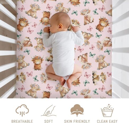 Baby Highland Cow Floral Crib Sheets for Boy Girl Boho Cows Flowers Butterflies Soft Snug Fitted Crib Mattress Covers for 52''x28'' Standard Crib & Toddler Mattress Western Farm Animal Bed Sheets in Kuwait