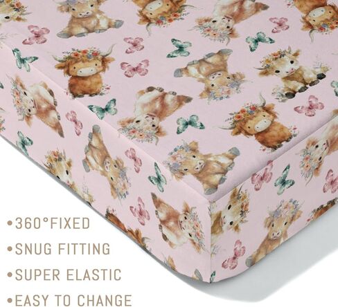 Baby Highland Cow Floral Crib Sheets for Boy Girl Boho Cows Flowers Butterflies Soft Snug Fitted Crib Mattress Covers for 52''x28'' Standard Crib & Toddler Mattress Western Farm Animal Bed Sheets in Kuwait