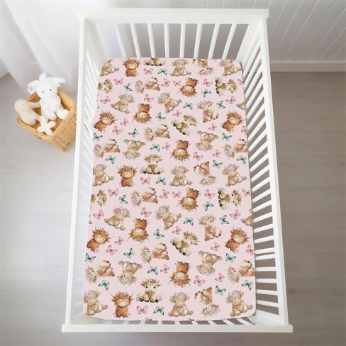 Baby Highland Cow Floral Crib Sheets for Boy Girl Boho Cows Flowers Butterflies Soft Snug Fitted Crib Mattress Covers for 52''x28'' Standard Crib & Toddler Mattress Western Farm Animal Bed Sheets in Kuwait