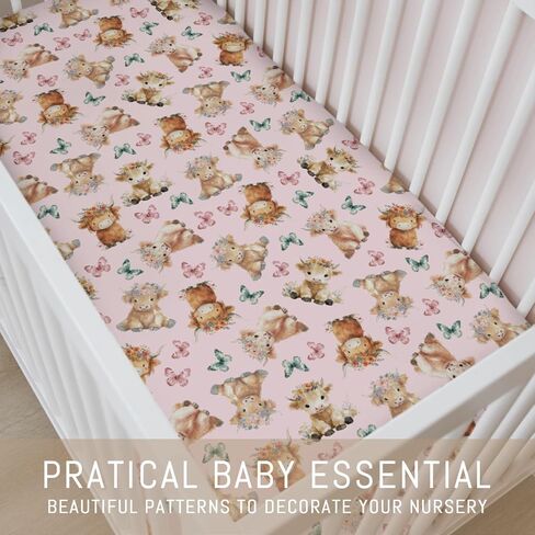 Baby Highland Cow Floral Crib Sheets for Boy Girl Boho Cows Flowers Butterflies Soft Snug Fitted Crib Mattress Covers for 52''x28'' Standard Crib & Toddler Mattress Western Farm Animal Bed Sheets in Kuwait