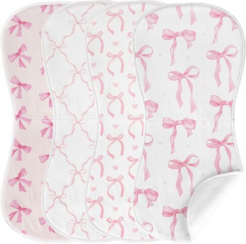 4 Pack Pink Bow Baby Burp Cloths Soft Absorbent Spit up Rags Cherry Burp Cloths Pink Burping rag for Boy Girl Newborn Gifts Nursery Decor, 19 x 9 Inches in Kuwait