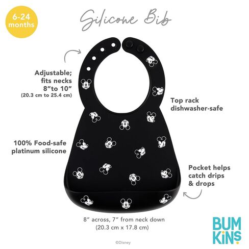 Bumkins Disney Bibs, Silicone Pocket for Babies, Baby Bib for Girl or Boy, for 6-24 Months Up to Toddler, Essential Must Have for Eating, Feeding, Baby Led Weaning Supplies, Mess Saving, Mickey Mouse in Kuwait