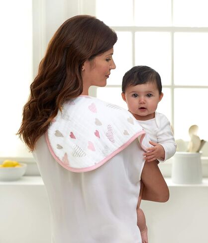 aden + anais Burpy Bib, 100% Cotton Muslin, Soft Absorbent 4 Layers, Multi-Use Burp Cloth and Bib, 22.5" X 11", 2 Pack, Heartbreaker in Kuwait