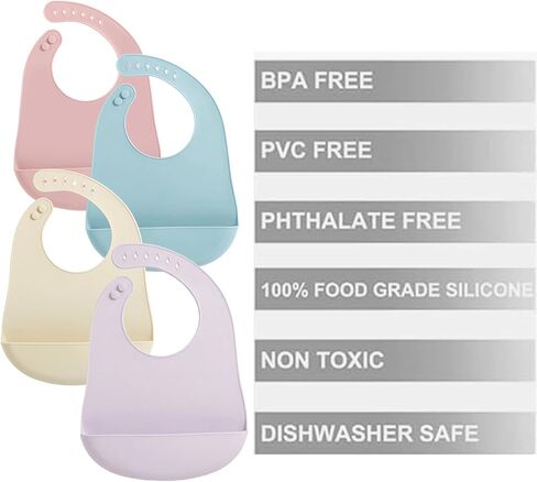 PandaEar Silicone Baby Bibs, 4 Pack Waterproof Feeding Bibs with Pocket | Silicone Baby Bibs with Pocket Stay Open to Catch Spills. Perfect Waterproof Baby Bibs for Less Mess. in Kuwait