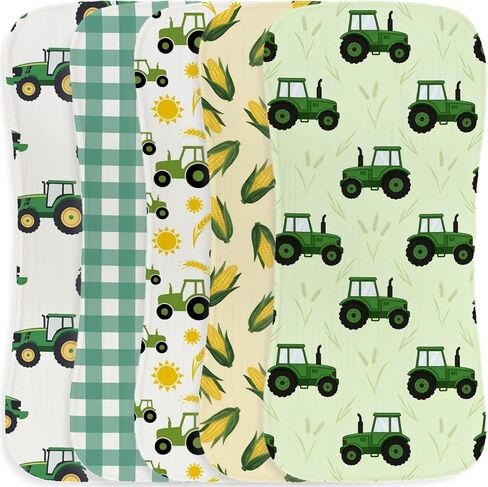 5 Pack Tractor Baby Burp Cloths for Boys Girls, Soft Cotton Large Burp Rags for Newborns, Super Absorbent Spit-Up Cloths, Green Tractor and Corn Farm Theme Design, Nursery Feeding Gift Set in Kuwait