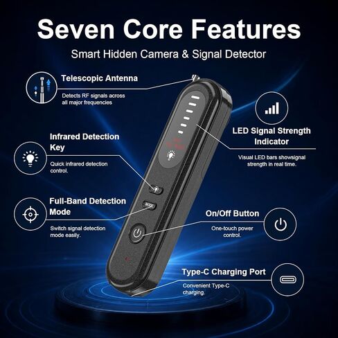 Hidden Camera Detector 6-in-1, Anti Spy Camera Finder with GPS Tracker Detection, RF Signal Scanner, Rechargeable Bug Detector for Hotel, Travel, Home, Office, Car Privacy Protection in Kuwait