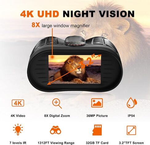 4K Night Vision Binoculars with Camera, 36MP Full Color Night Vision Goggles, 1314FT IR Night Vision, 3.2" Screen, Photo & 4K Video Recording for Bird Watching Camping Outdoor Exploration in Kuwait