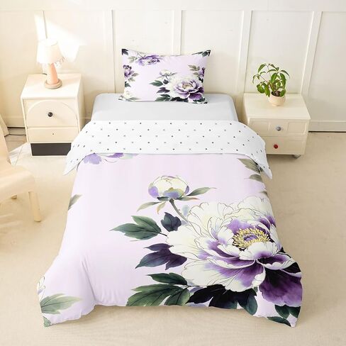 Erosebridal Purple Peony Floral Toddler Bedding Set Spring Elegant Flower Duvet Cover Cute Flower Blossoms Comforter Cover for Kids Women Girls,Botanical Plant Flowers Bed Set in Kuwait