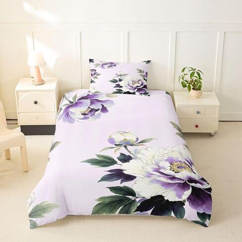 Erosebridal Purple Peony Floral Toddler Bedding Set Spring Elegant Flower Duvet Cover Cute Flower Blossoms Comforter Cover for Kids Women Girls,Botanical Plant Flowers Bed Set in Kuwait