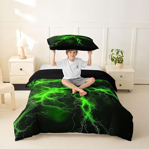 Feelyou Green CorlBlack Duvet Cover Toddler Size Lightning Bedding Set Breathable Soft Geometric Comforter Cover 2Pcs Modern Abstract Art Bedroom Decor Luxury in Kuwait