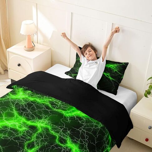 Feelyou Green CorlBlack Duvet Cover Toddler Size Lightning Bedding Set Breathable Soft Geometric Comforter Cover 2Pcs Modern Abstract Art Bedroom Decor Luxury in Kuwait