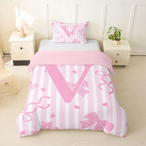 Feelyou Bow Duvet Cover Toddler Size Pink White Bow Bedding Set for Boys Girls Bowknot Comforter Cover Kawaii Bedroom Decor 2Pcs Personalized Initial V in Kuwait