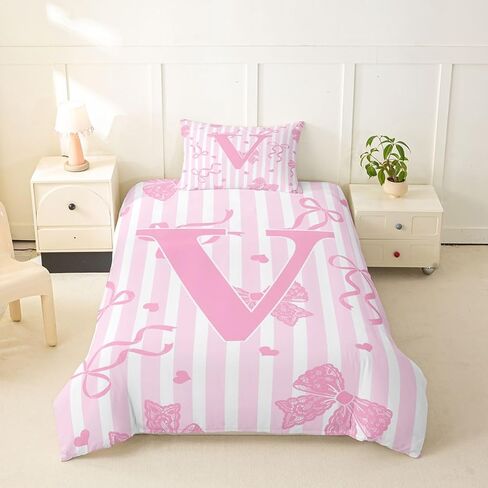 Feelyou Bow Duvet Cover Toddler Size Pink White Bow Bedding Set for Boys Girls Bowknot Comforter Cover Kawaii Bedroom Decor 2Pcs Personalized Initial V in Kuwait