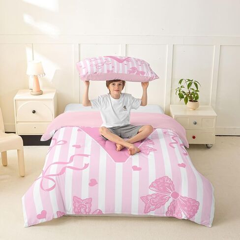 Feelyou Bow Duvet Cover Toddler Size Pink White Bow Bedding Set for Boys Girls Bowknot Comforter Cover Kawaii Bedroom Decor 2Pcs Personalized Initial V in Kuwait
