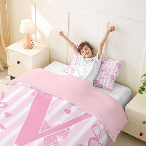 Feelyou Bow Duvet Cover Toddler Size Pink White Bow Bedding Set for Boys Girls Bowknot Comforter Cover Kawaii Bedroom Decor 2Pcs Personalized Initial V in Kuwait