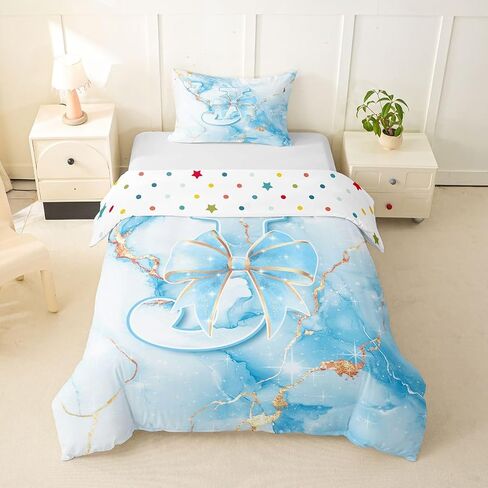 Feelyou Cute Blue White Bow Duvet Cover Toddler Size Bow Knot Bedding Set for Boys Girls Kawaii Comforter Cover Princess Bowknot Bedroom Decor 2Pcs Personalized Initial J in Kuwait