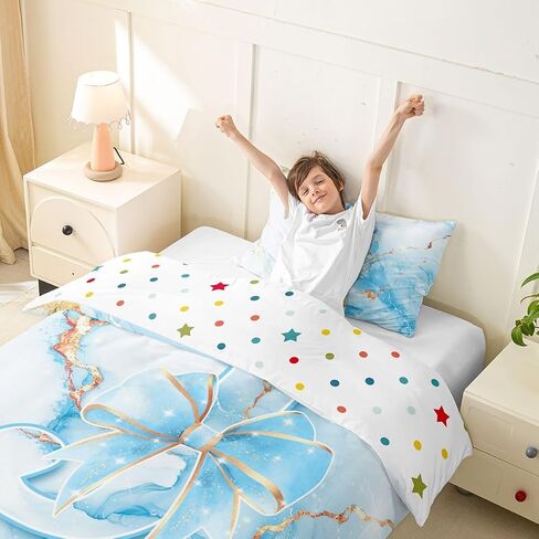 Feelyou Cute Blue White Bow Duvet Cover Toddler Size Bow Knot Bedding Set for Boys Girls Kawaii Comforter Cover Princess Bowknot Bedroom Decor 2Pcs Personalized Initial J in Kuwait