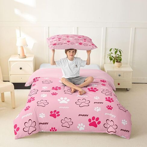 Castle Fairy Dog Paw Duvet Cover Set Toddler Cartoon Dog Animal Bedding Set with 1 Pillowcase Cartoon Footprint Comforter Cover Kids Boys Bedroom Decor No Comforter Pink in Kuwait
