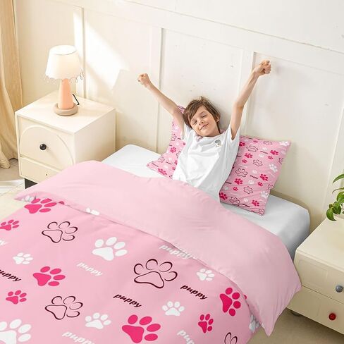 Castle Fairy Dog Paw Duvet Cover Set Toddler Cartoon Dog Animal Bedding Set with 1 Pillowcase Cartoon Footprint Comforter Cover Kids Boys Bedroom Decor No Comforter Pink in Kuwait