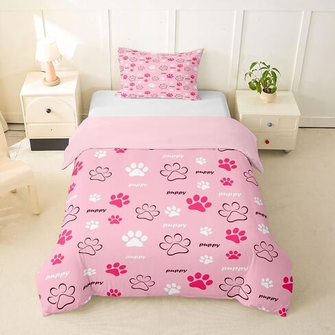 Castle Fairy Dog Paw Duvet Cover Set Toddler Cartoon Dog Animal Bedding Set with 1 Pillowcase Cartoon Footprint Comforter Cover Kids Boys Bedroom Decor No Comforter Pink in Kuwait