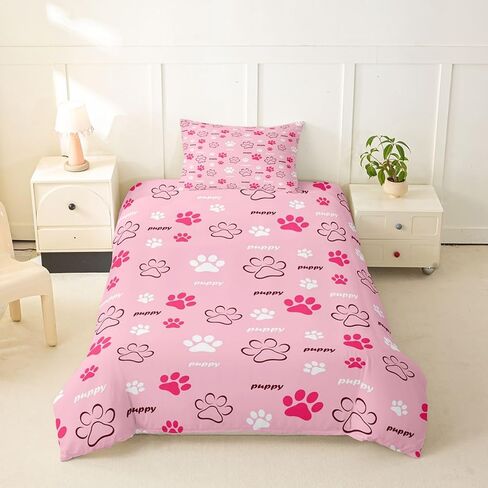 Castle Fairy Dog Paw Duvet Cover Set Toddler Cartoon Dog Animal Bedding Set with 1 Pillowcase Cartoon Footprint Comforter Cover Kids Boys Bedroom Decor No Comforter Pink in Kuwait