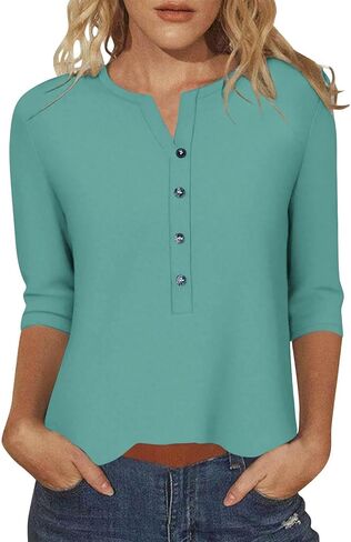 Women's Henley V Neck 3/4 Sleeve Solid Loose Casual Blouse Top | Stretchy Soft Shirt for Women, Half Button Notch Neck Cropped Blouse, for Shopping and Daily in Kuwait