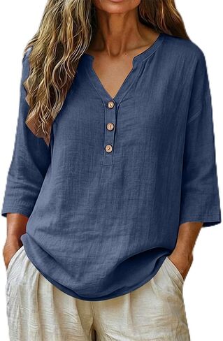 Women's Henley V Neck 3/4 Sleeve Lightweight Loose Casual Blouse | Breathable Cotton Linen Tops for Woman, Notch Neck Button Front Shirts, for Summer Fall Daily Vacation in Kuwait