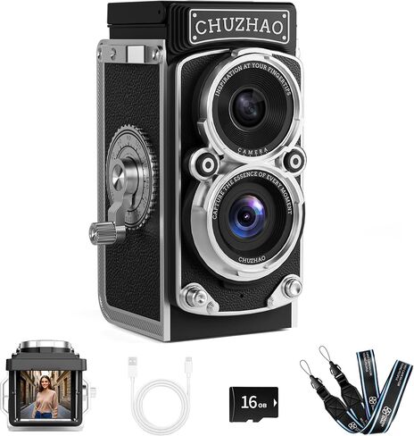 CHUZHAO Mini Retro Digital Camera - Vintage TLR Style Point and Shoot Auto Focus Vlogging Camera, Compact & Portable, 16GB Card Included, Ideal for Beginners, Teens, and Adults in Kuwait