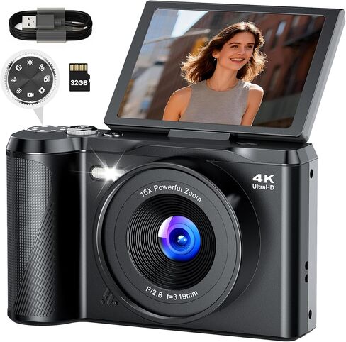 Digital Camera 4K for Photography Vlogging: 56MP Cameras with Mode Dial for Video - 16X Zoom Photo Camera Gifts for Teens Ages 8-16 - 180°Flip Screen Compact Cámara - Point and Shoot Digital Cameras in Kuwait