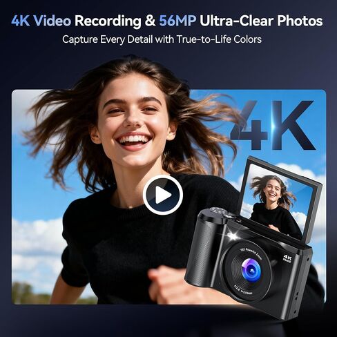 Digital Camera 4K for Photography Vlogging: 56MP Cameras with Mode Dial for Video - 16X Zoom Photo Camera Gifts for Teens Ages 8-16 - 180°Flip Screen Compact Cámara - Point and Shoot Digital Cameras in Kuwait