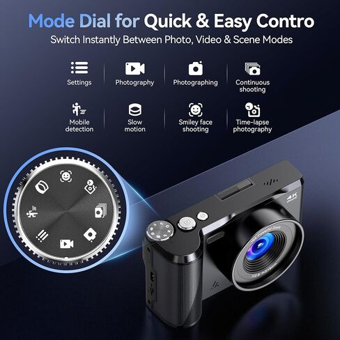Digital Camera 4K for Photography Vlogging: 56MP Cameras with Mode Dial for Video - 16X Zoom Photo Camera Gifts for Teens Ages 8-16 - 180°Flip Screen Compact Cámara - Point and Shoot Digital Cameras in Kuwait