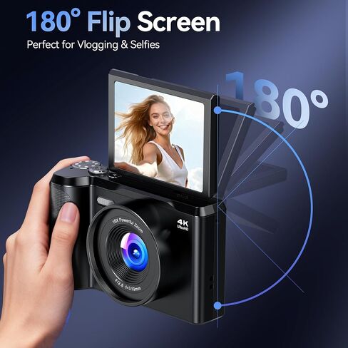 Digital Camera 4K for Photography Vlogging: 56MP Cameras with Mode Dial for Video - 16X Zoom Photo Camera Gifts for Teens Ages 8-16 - 180°Flip Screen Compact Cámara - Point and Shoot Digital Cameras in Kuwait