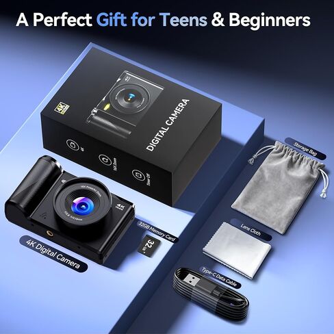Digital Camera 4K for Photography Vlogging: 56MP Cameras with Mode Dial for Video - 16X Zoom Photo Camera Gifts for Teens Ages 8-16 - 180°Flip Screen Compact Cámara - Point and Shoot Digital Cameras in Kuwait