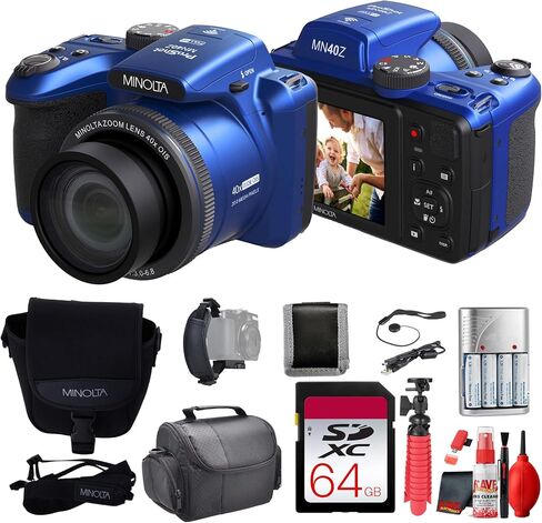 MINOLTA MN40Z 20 Mega Pixels 40x Optical Zoom Digital Camera with 1080p FHD Video (Purple) Bundle with 64GB Memory Card + Vlog Tripod + 4xAA Battery with Charger + Accessories in Kuwait